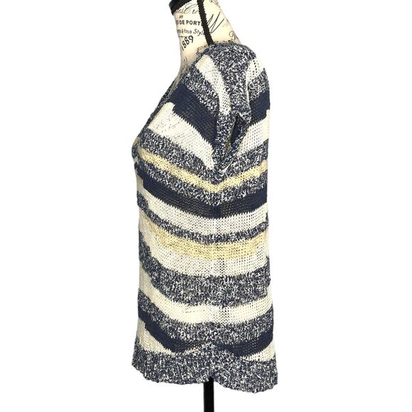 Lucky Brand SMALL Striped Loose Knit Notched V-Neck Short Sleeve Sweater - Picture 3 of 12